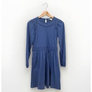 Boden Lace Trim Cotton Modal Dress Blue Long Sleeve Fit & Flare Pockets US 2P